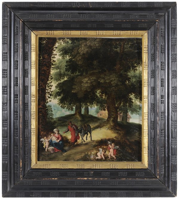 Studio of Jan Brueghel and Hendrik: van Balen (Flemish, 1601-1678 and 1663-1661) Repose in Egypt, unsigned, oil on oak panel, 17-5/8 x 15-1/8 in.; 19th century Dutch carved and ebonized wood frame, repaired break to panel, crackle, cupp