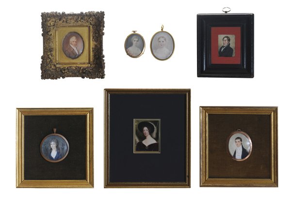 Collection of Seven Portrait: Miniatures (most 19th century) woman with feathered hat, 2-7/8 x 2-1/8, modern frame, [flaking at bottom point;] man in white vest, 2-1/2 x 2 in., metal locket frame, [slight warp;] man in brown coat,