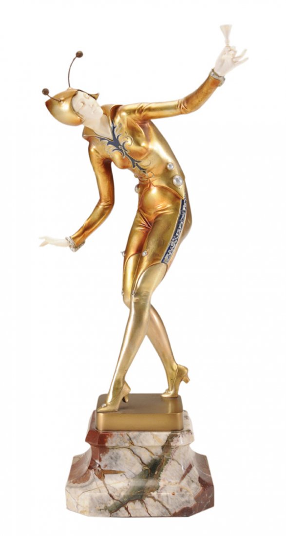 Johann Philip Ferdinand Preiss: (German, 1882-1943) Champagne Dancer (Moth Girl) and inscribed [Paris Août-1930,] signed on base "F. Preiss", cold-painted, gilt bronze and carved ivory, red and green variegated marble plinth, 16-5/