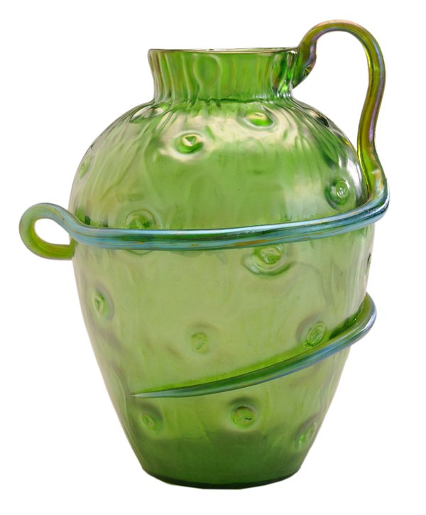 Iridescent Green Art Glass Vase: probably Czechoslovakia, probably Loetz, 20th century, flaring rim and applied snake wrapping around body of vase, polished pontil mark, unmarked, 9 x 7-1/4 in., good condition. Provenance: Private Co