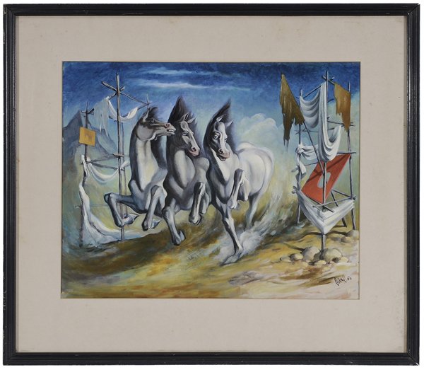 Paul B. Murphy: (Minneapolis, Minnesota, 20th century) Surrealist Composition, three horses and burial pyres, signed lower right "Paul/50" and verso "Paul B. Murphy/May 1950/Minneapolis, Minn.", oil on illustration b