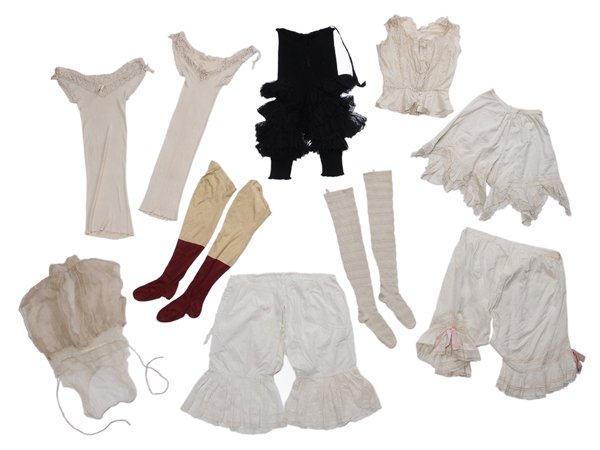 Group of Women's Undergarments: late 19th/early 20th century: silk and lace "can-can" panties; cotton chemise and matching under bottom; two cotton under vests; pair of cotton culottes and bloomers; two pairs of stockings, one pair 