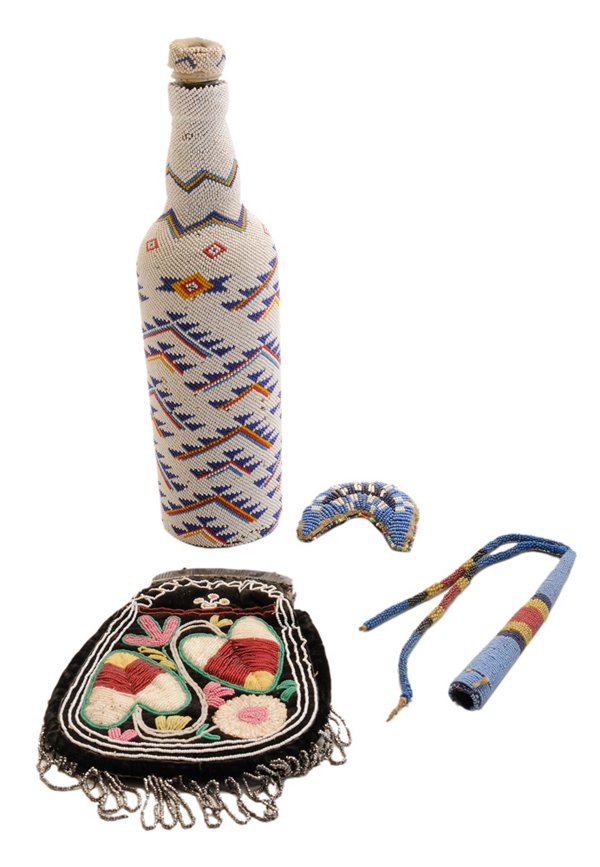 Group of Beadwork Items: American, 20th century, beaded purse with metal clasp and chain handle, 6 in.; bead-covered bottle with cap and beaded cover, 11-1/2 in.; three beaded belts, 34 in, 32-1/2 in., 29 in.; sash, 29 in.; t