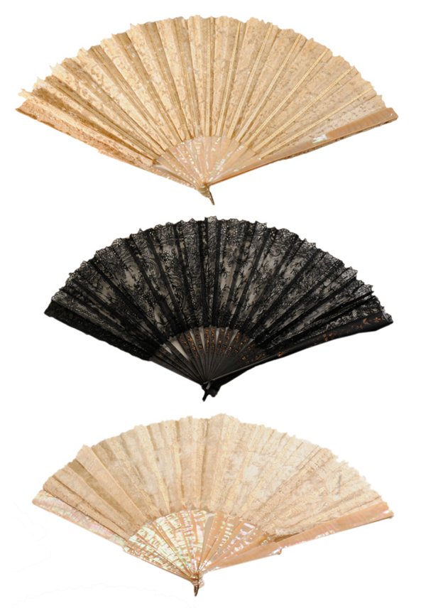 Three Lace, Mother-of-Pearl, Ivory and: Wood Fans Continental, 19th century: one with mother-of-pearl handles, floral lace body, cased, 11-5/8 in., [losses to top of stave and at ends of lace attachment;] one with black lace and gilt-decora
