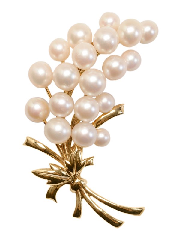 Mikimoto Cultured Pearl Brooch: "14-karat" highly polished yellow gold "berries on branch" motif with cultured pearls, Mikimoto trademarked, 19 spherical to slightly off-round genuine Akoya (saltwater) cultured pearls from 5.5 mm to
