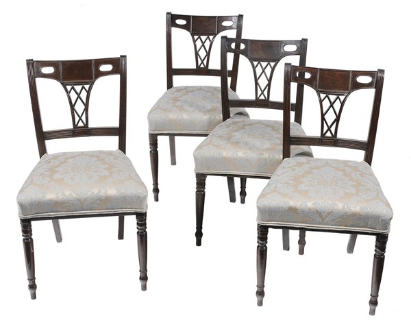Four Regency Style Walnut Side: Chairs Tennessee, late 19th/early 20th century, one chair frame signed "Made by Guy Young, New Market, Tenn", each with pierced splat and turned legs, 32 x 19 x 18 in., surface wear and dirt with some