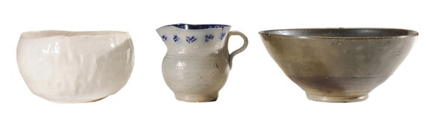 Three Pieces North Carolina Pottery: and Porcelain 20th century: Jugtown pitcher, circa 1930, Jacques Busbee (American, 1870-1947), "Jugtown" stamped on base, gray ceramic with blue interior rim glaze, outer floral band, applied handle, 