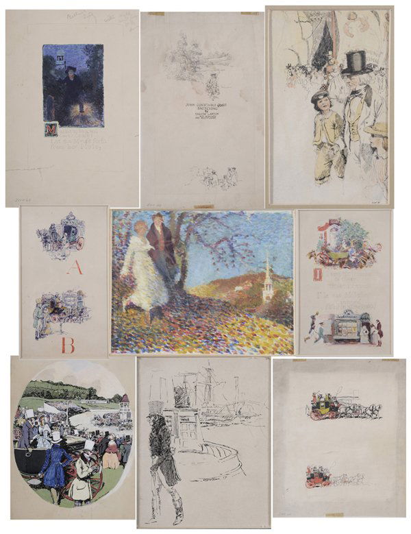 John Wolcott Adams: (Massachusetts, 1874 - 1925) Nine Illustrations: Study "John Constable Goes Sketching"; At The Races (illustration for "Constable Goes Sketching"; three children's book illustrations, Stagecoaches, At