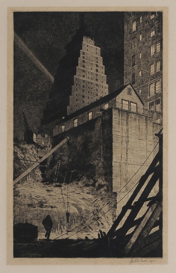 Martin Lewis: (New York/Australia, 1881-1962) Building a Babylon, 1934, signed lower right in pencil "Martin Lewis Imp", drypoint etching on paper with lotus watermark, 12-7/8 x 8 in. (plate); black-painted frame, 