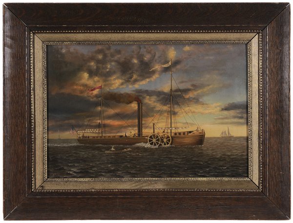 American School: (19th century) The Steamboat [Clermont,] built by Robert Fulton in 1806, considered the pioneer of practical steamboats, it provided the fastest transport route between New York and Albany on the Huds