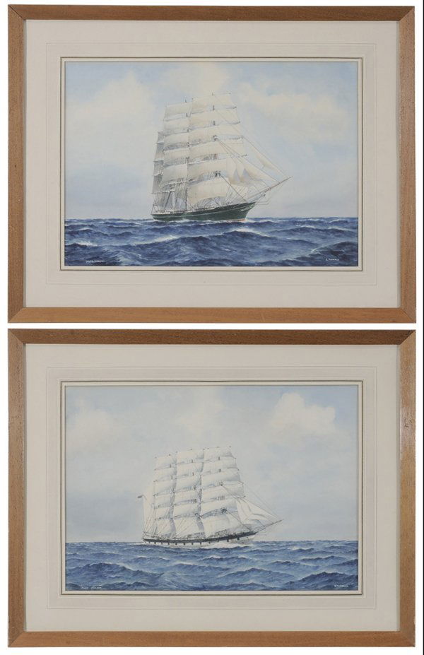 Eric Erskine Campbell Tufnell: (British, 1888-1978) Two maritime watercolors: "Port Jackson" and "Patriarch", at full sail on open seas, signed lower right "E. Tufnell", watercolor on watercolor board, 15 x 21 in.; matching wood fr