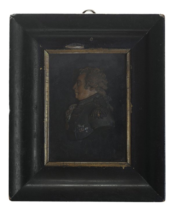 John Flaxman: (British, 1755-1826) Relief portrait miniature of Admiral Viscount Duncan, signed "J. Flaxman", colored wax on on glass panel, 2-5/8 x 2 in. (wax portrait); original painted wood frame, mildew under g