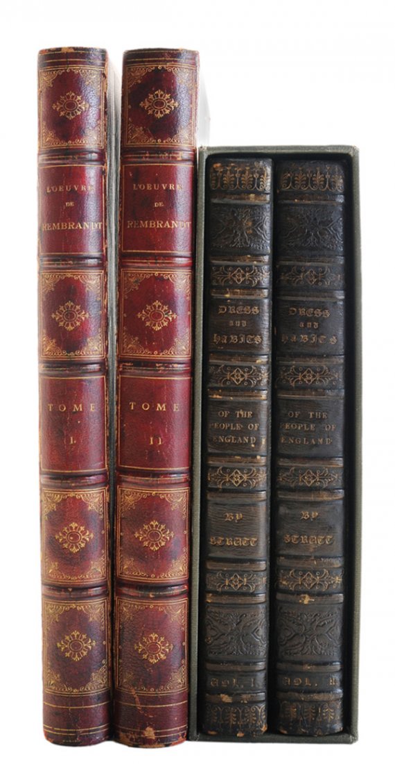 [L’Oeuvre de Rembrandt,] Dress of: England M. Charles Blanc, [L’Oeuvre de Rembrandt,] Catalog Raisonne, Paris, 1873, two volumes, with many black-and-white plates, three-quarter leather over marbled boards with five raised bands on t