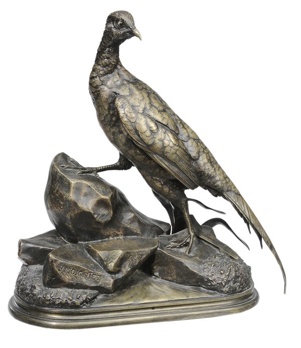 Jules Moigniez: (French, 1835-1894) Pheasant on Rocks (lacking flora), base signed "J. Moigniez", bronze, 13-1/4 in., oiled and rubbed surface. Provenance: Estate of Lena Haire, Mocksville, North Carolina.