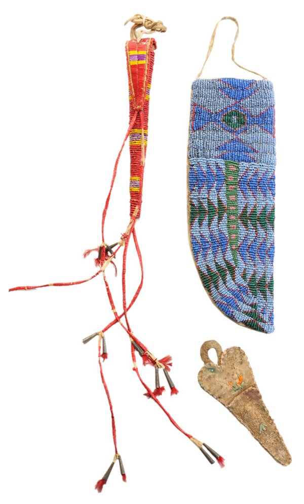 Plains Beaded Knife Sheath, Awl and: Scissor Cases 20th century: sinew-sewn sheath with loop handle, beaded front with geometric design, hide backing, 9 x 3 in., [minor soiling to hide, minor bead loss to top left corner, generally good 