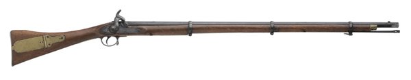 Brass Mounted Tower Percussion Rifle: British, 19th century, .62 cal., 38-3/4 in. barrel, stock with faint inspector marks, lockplate marked "1863 Tower", barrel with pitting at firing area, otherwise dark brown. Provenance: North Carolin