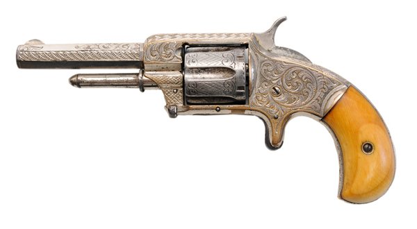 Whitneyville .32 Cal. Revolver: American, 19th century, 3-1/2 in. barrel marked "Whitneyville Armory Ct. USA.", serial number 097(?), brass frame with heavily engraved nickel plating, spur trigger, ivory grips, in original fitted ca