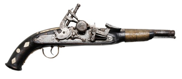 Brass-Mounted Inlaid Middle Eastern: Flintlock Pistol possibly Moorish, 19th century or earlier, wooden stock with extensive bone inlay with diamonds and circles, 18 in., scattered light rust, minor surface loss, metal parts with old cle