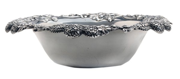 Tiffany Sterling Bowl: American, 1907-1947, round with cloverleaf and blossom openwork border, marks for Tiffany, "13780…8761", monogram, 13.08 oz.T., 2-1/2 x 8-3/4 in., small spots of pitting in center, light scratches. 