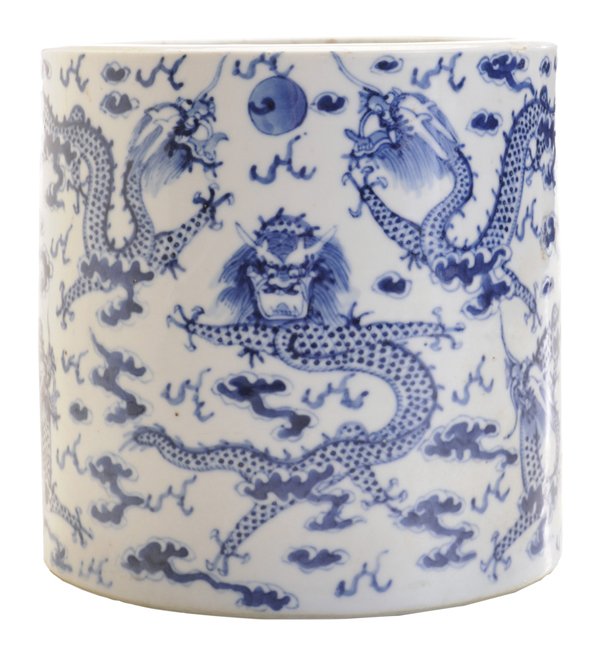 Blue and White Porcelain Brush Pot: Chinese, 20th century, nine four-claw dragon design with flaming pearls and scudding clouds, glaze with high luster, Xuande reign mark, 6-3/8 x 6-1/2 in., minor potch marks, chipped rim, otherwise goo