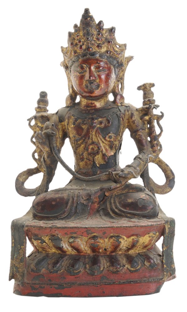 Gilt, Lacquered and Painted Bronze: Figure of Buddhist Deity Sino-Tibetan, 19th century or earlier, yoga position, holding a snake in his two hands and seated on double lotus pedestal flanked by draped sashes, 10-3/4 x 6-1/2 x 3-1/8 in.