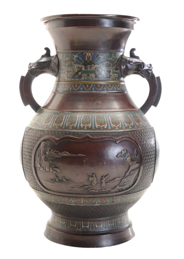 Bronze and Champlevé Presentation Urn: Chinese, late 19th/early 20th century, vase form set with dragon handles, bands of champlevé decoration, each side with a circular reserve depicting a dragon, front and back with figures in landscape