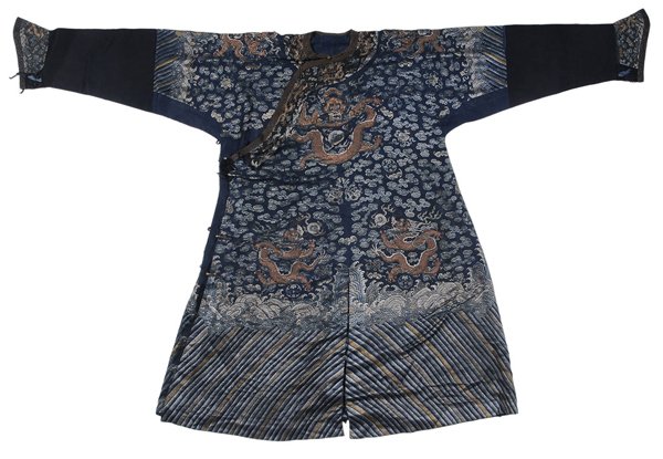 Embroidered Dragon Robe: Chinese, probably late 19th century, lightweight linen gauze robe with horseshoe cuffed sleeves, multiple dragons in couched metallic thread embroidery with silk details, dragons at front, verso, shou