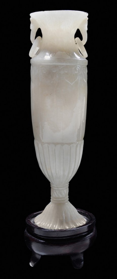 Carved Jade [Mughal]-Style Vase: Chinese, late 19th/early 20th century, jadeite in uniform white-tan and gray with some translucency, well carved on all sides, low-relief and incised flowers designs on shoulder and neck, low swelling