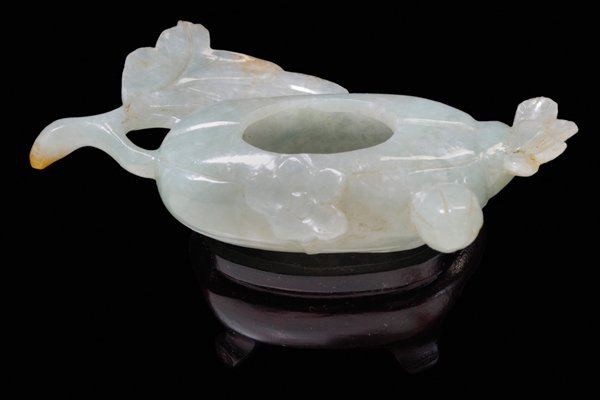 Jade Miniature Water Coupe: Chinese, late 19th/early 20th century, jadeite in mottled green, white and tan, delicately hollowed artist's brush washer in form of gourd or squash, 7/8 x 4 in.; fitted stand, good condition, minor d