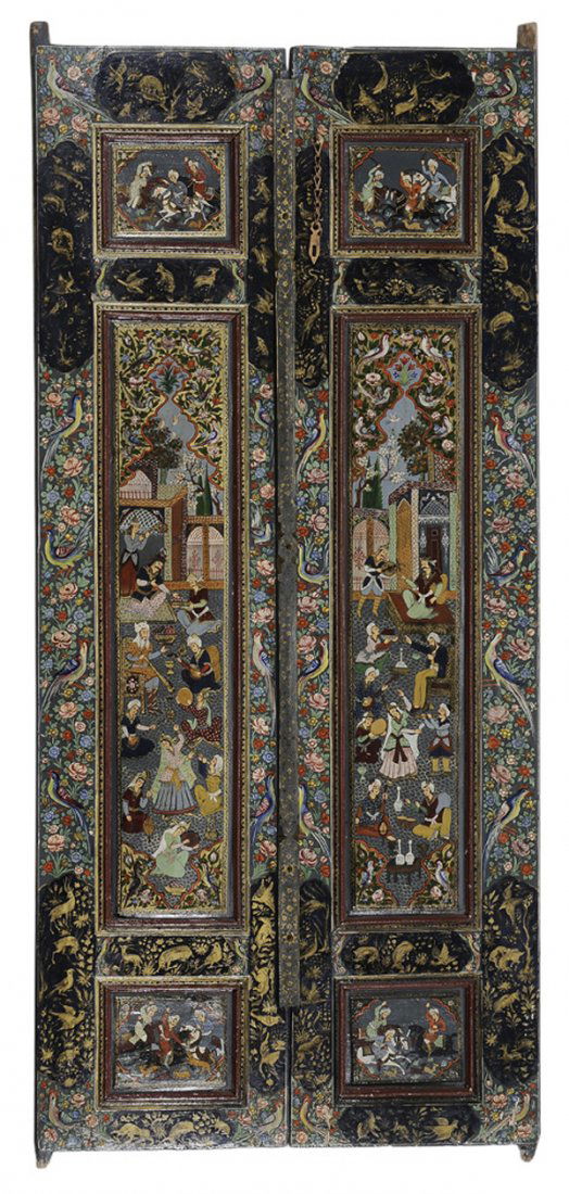 Pair of Antique Persian Painted and: Lacquer Doors 18th/19th century, each with three panels depicting scenes with warriors on horseback and courtiers with dancers and interiors, painted strap work surround, 34-1/2 x 73-3/4 in., Overall