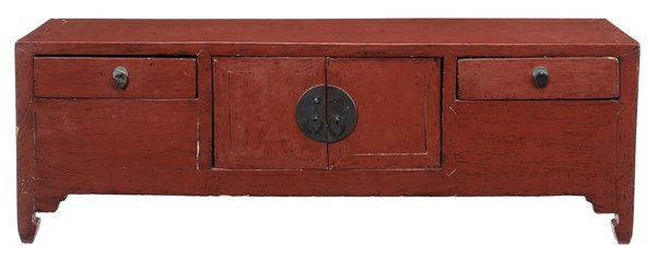 Red Lacquer Decorated Tea Cabinet: Chinese, late 19th/early 20th century, low form set with two dovetail drawers and two central doors, 10 x 40 x 13-1/2 in. some surface cracks especially at laminations, doors are loose (removable), ot