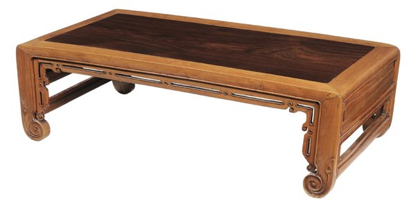 Elm and Zitan Low Table: Chinese, probably late 19th century, highly polished with rectangular zitan inset top within the highly polished elm frame, paneled sides and cutouts, apron with pierced and finely carved cutout, fine