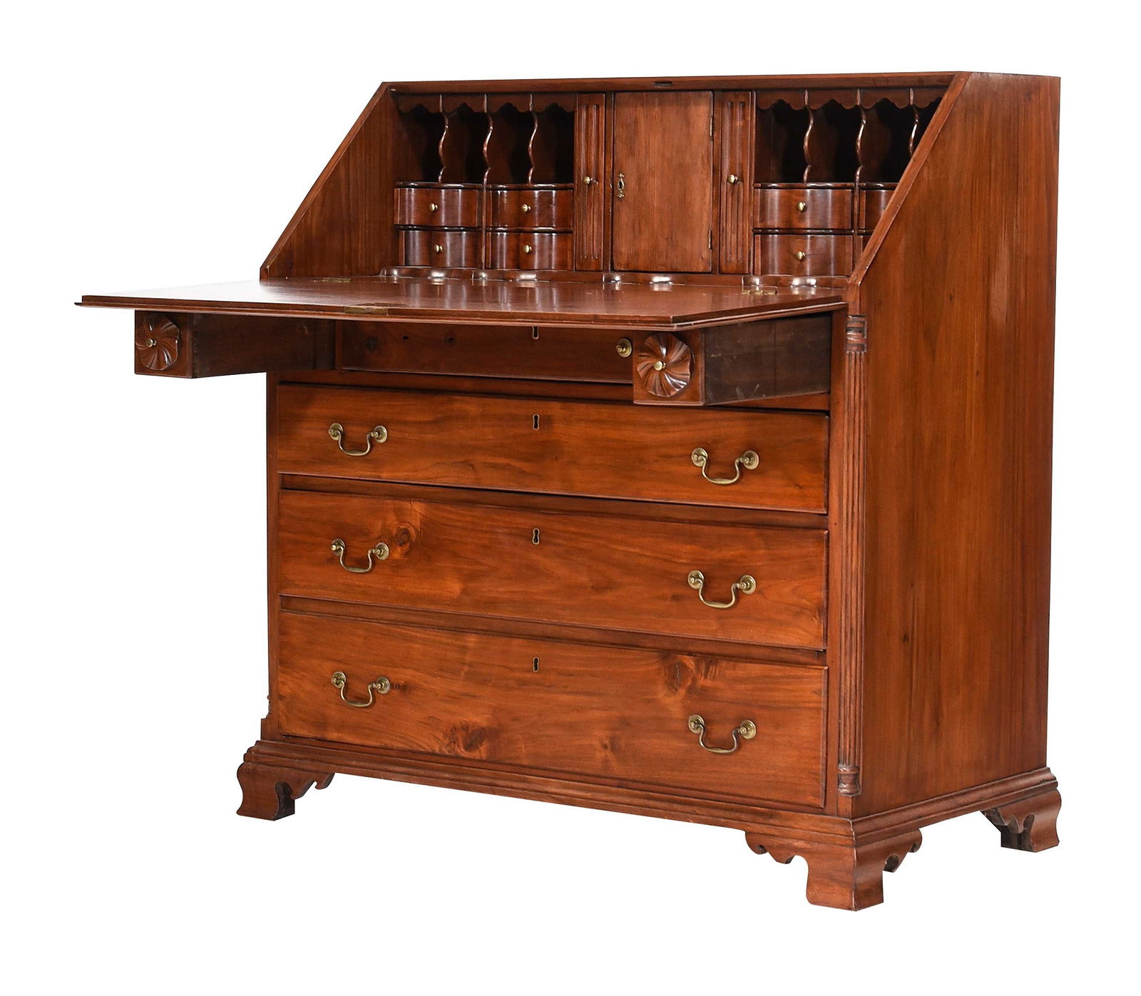 North Carolina MESDA Documented Federal Walnut Slant Front Desk: attributed to Guilford County, North Carolina, possibly Robert Matthews, early 19th century, poplar secondary, dovetailed construction, interior with serpentine drawers and front, stop fluted document