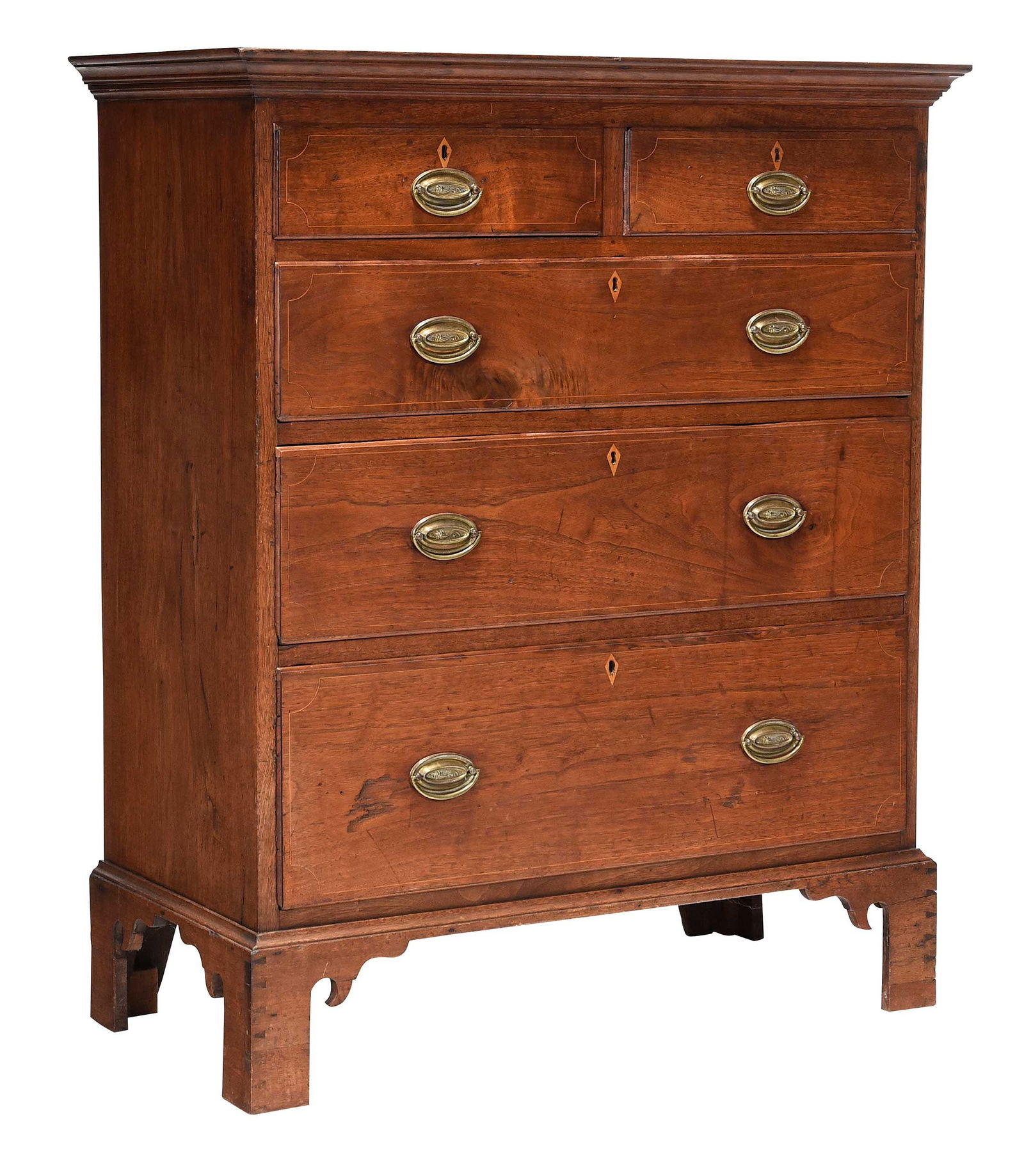 MESDSA Documented North Carolina Federal Inlaid Walnut Chest of Drawers: Piedmont, possibly Chatham County, early 19th century, poplar and yellow pine secondary, mellow old surface, two short over three graduated long drawers with line inlay and kite escutcheons, dovetaile