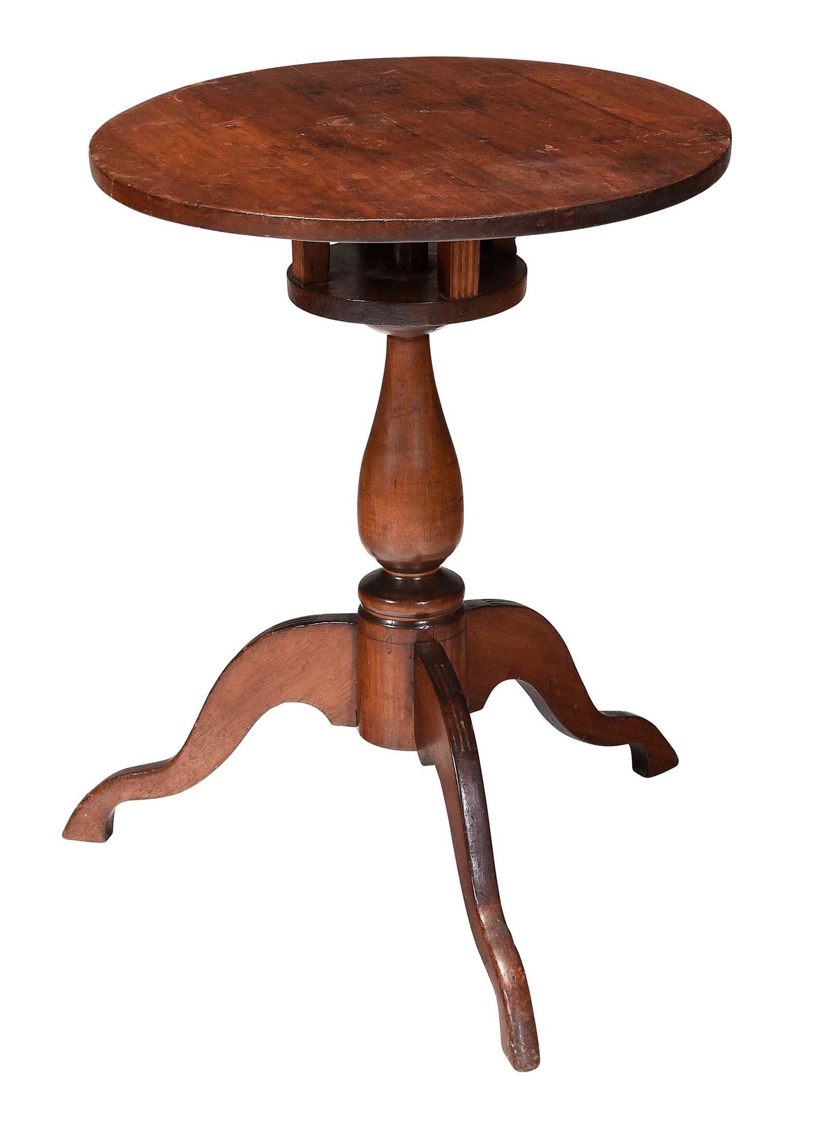MESDA Documented North Carolina Federal Walnut Birdcage Candlestand: Piedmont, first half 19th century, round top on fluted birdcage support, turned vasiform tripod stand, stop fluted shaped legs, MESDA sticker to underside, 26-1/2 x 23 x 23 in. Provenance: Estate of J