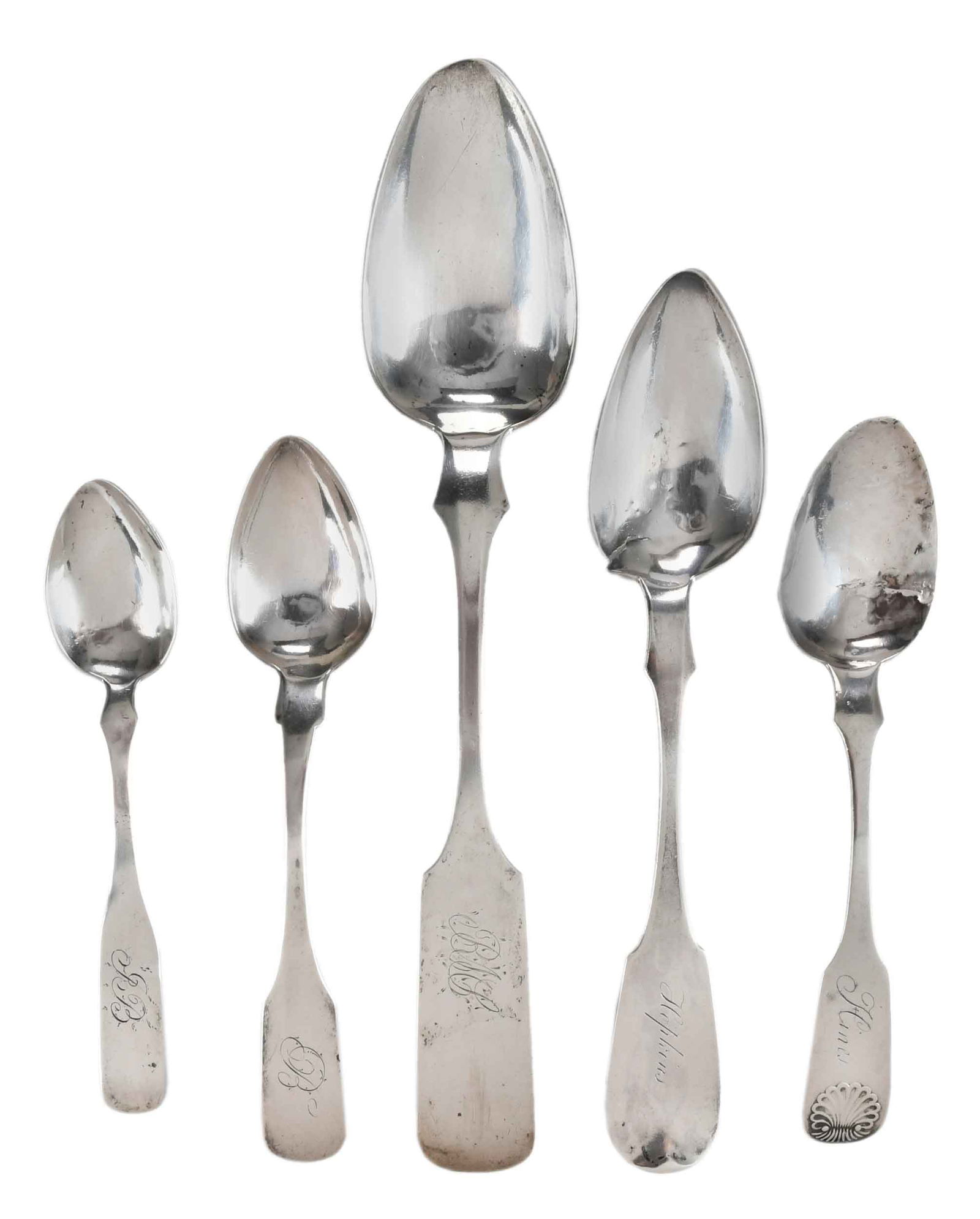 Five North Carolina Coin Silver Spoons: 19th century, serving spoon, marked "T. Linebach" (Traugott Leinbach, Salem, working 1821-1860); teaspoon, John Vogler (Salem, working 1805-1850s); teaspoon, marks for John Stedman (Raleigh, working 1