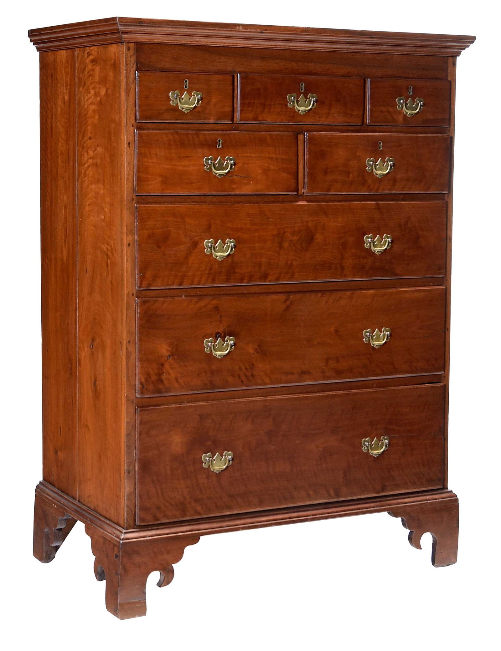 North Carolina Attributed Chippendale Highly Figured Walnut Chest of Drawers: Piedmont, likely Davidson or Rowan counties, late 18th/early 19th century, poplar secondary, highly figured walnut, dovetailed construction, three over two over three thumbnail molded drawers, bracket