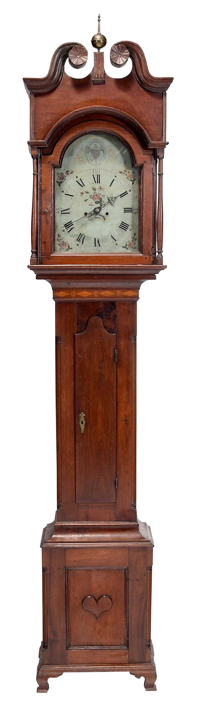 American Federal Inlaid Walnut Tall Case Clock with Great Seal of United States: Pennsylvania or Valley of Virginia, late 18th century, floral painted dial crowned with Federal eagle and shield, calendar wheel, brass movement, inlaid waisted case with inlaid quarter columns, tombs