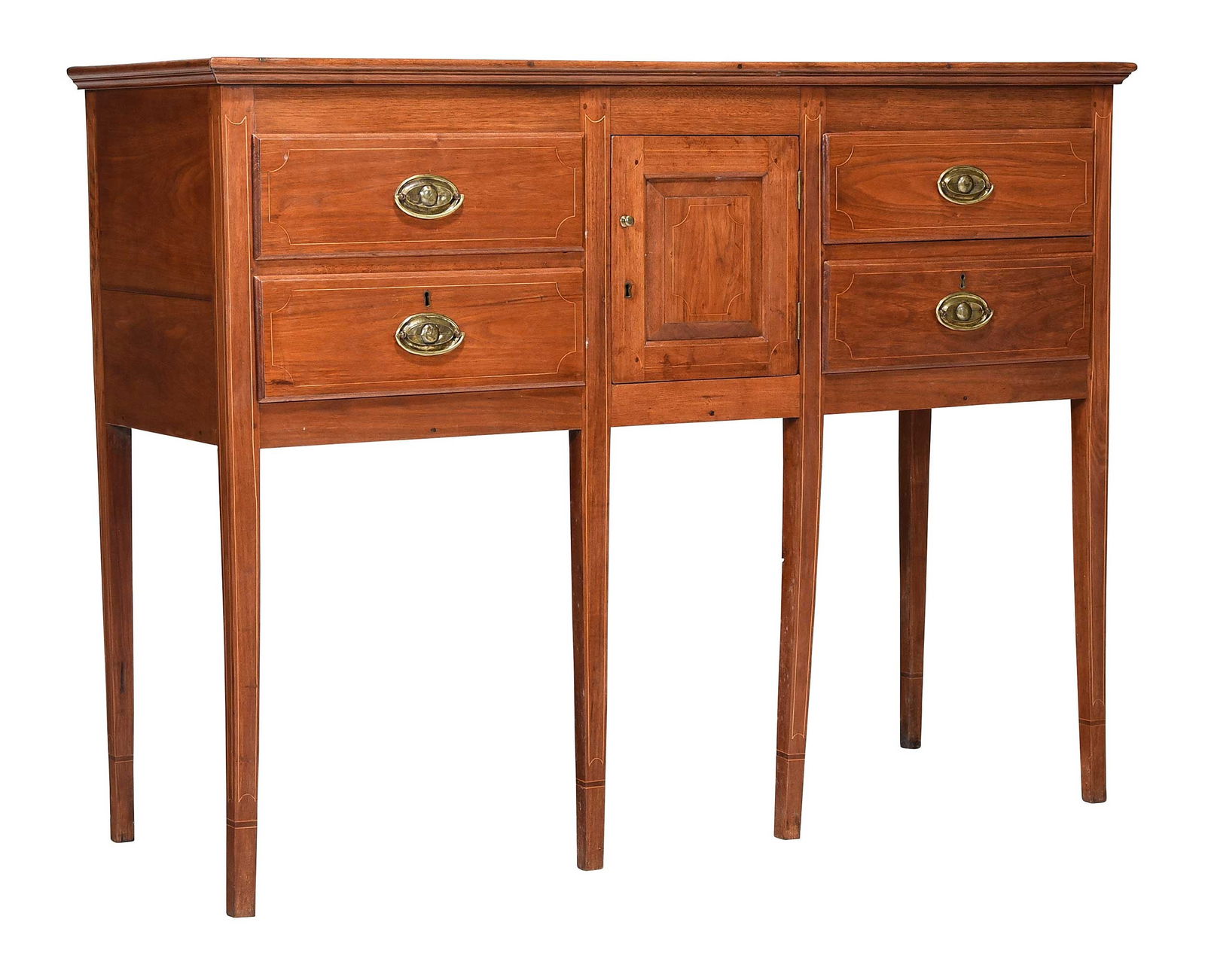 Southern Federal Inlaid Walnut Huntboard: likely Virginia Piedmont region, early 19th century, huntboard or sideboard with poplar drawer secondary, string inlay, central door flanked by two dovetailed drawers, 42 x 55-1/2 x 19-1/8 in. Provena