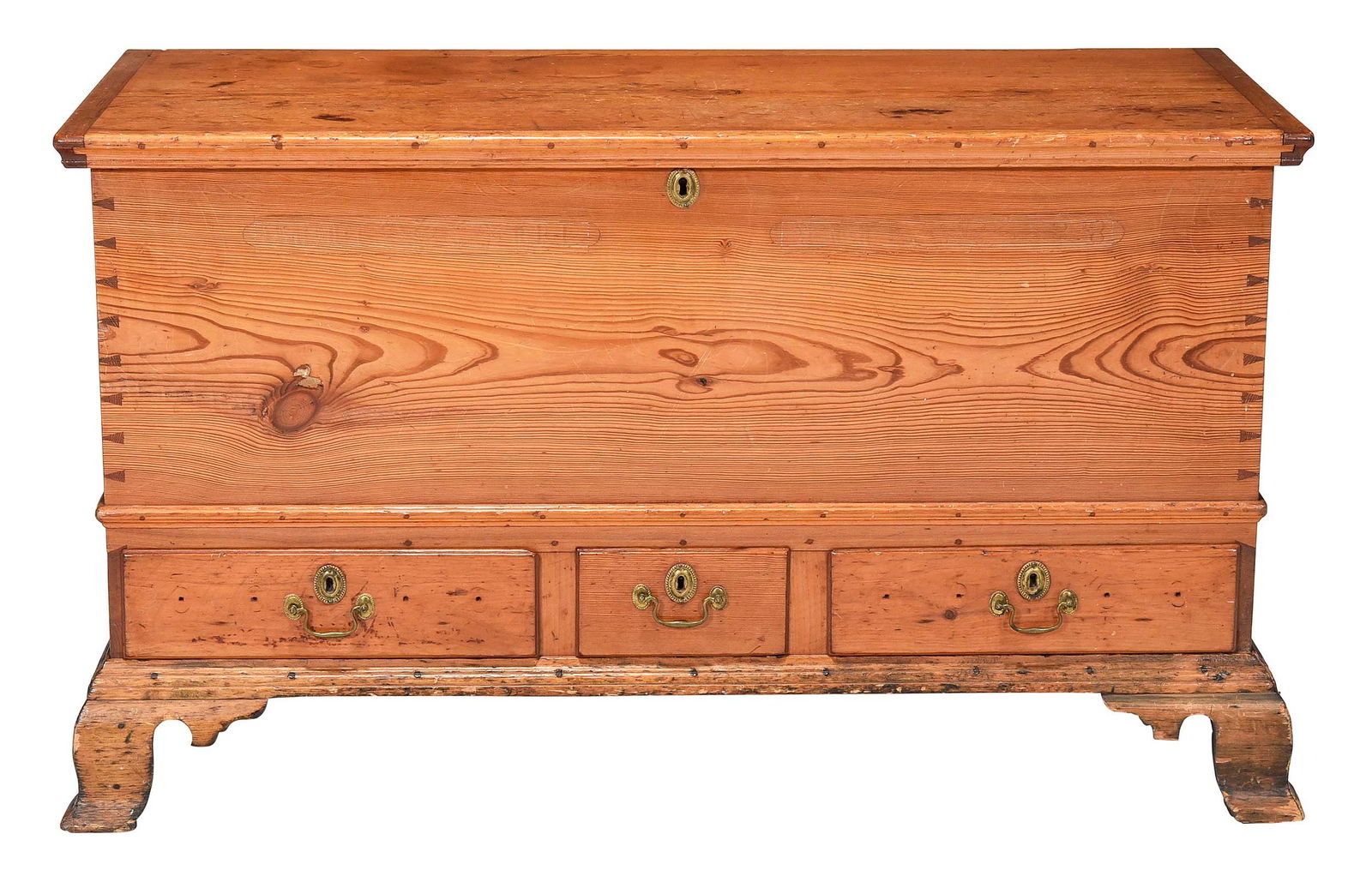 Pennsylvania or Virginia Chippendale Pine Blanket Chest with Traces of Paint: circa 1818, dovetailed construction, interior till with hidden drawers, base with three short drawers, ogee bracket feet, the front with faded and partially legible paint which reads "Pool" /"1818", f