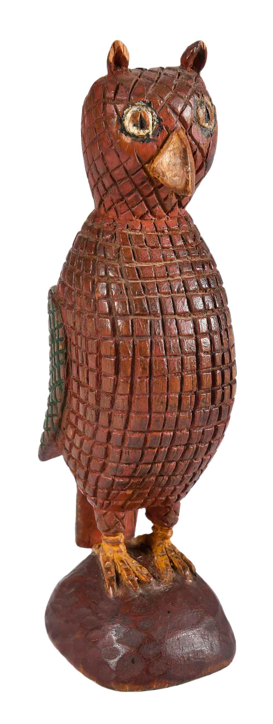 Aaron Mountz Attributed Carved Wood and Painted Folk Art Owl: late 19th/early 20th century, 7 x 2 x 2-1/2 in. Provenance: Estate of Joe and Betsy Byerly, Greensboro, North Carolina Note: This carving is possibly related to or pictured in a watercolor by Hester D