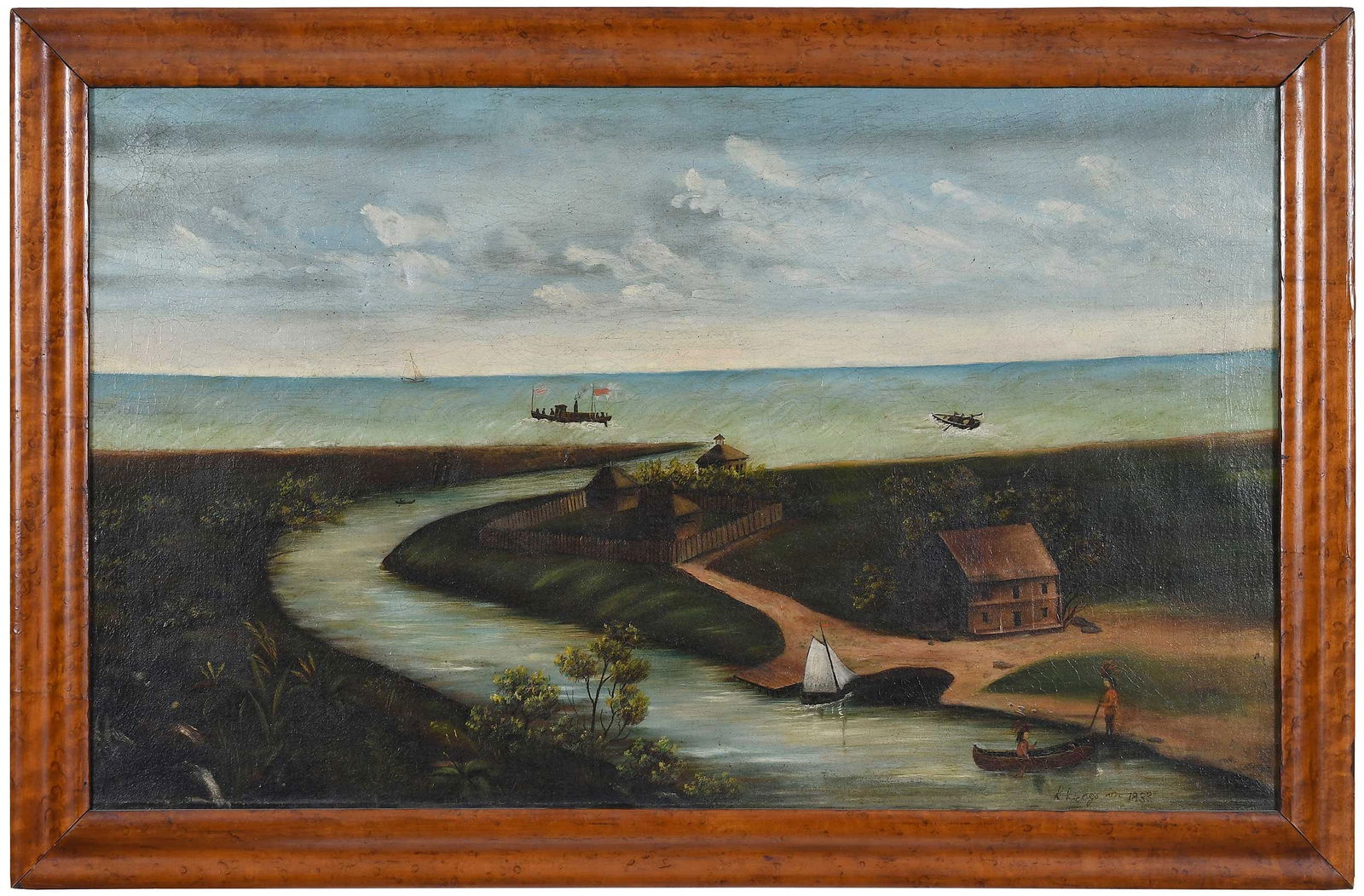 Naive Painting of Chicago in 1833: (American, 19th century) The Shores of Lake Michigan, inscribed lower right "Chicago in 1833", oil on canvas, 17-1/2 x 28-1/2 in.; burlwood frame, 21 x 32 in. Provenance: Estate of Joe and Betsy Byerl