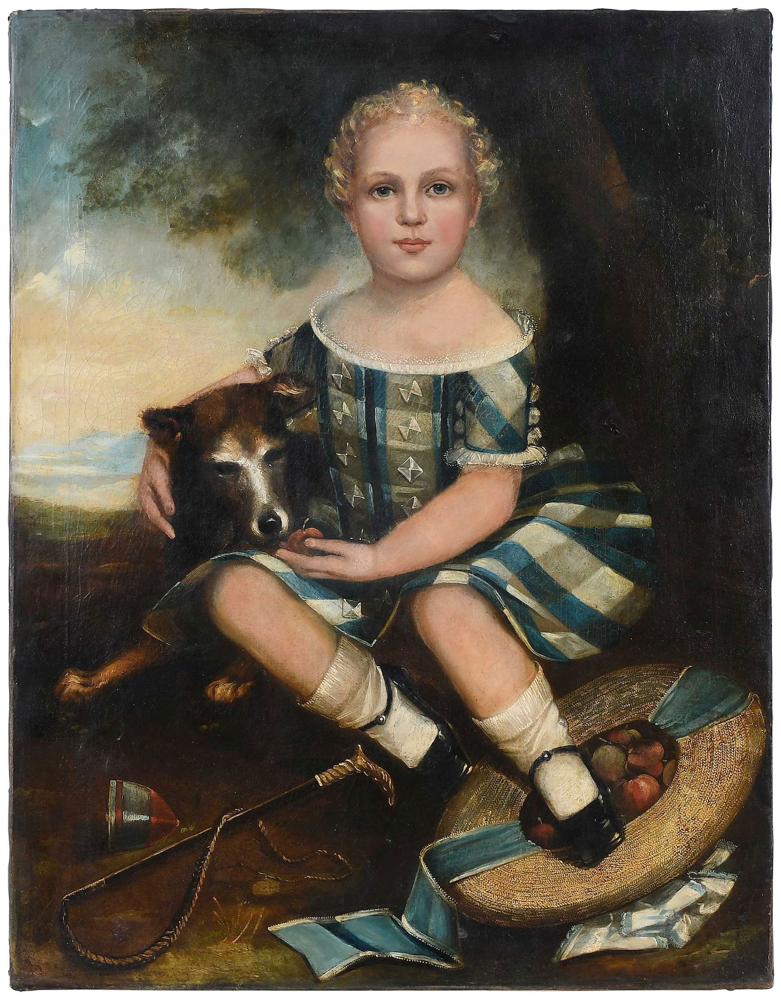 American Folk Painting of a Youth: (late 19th/early 20th century)A Youth with a Dog, unsigned, oil on canvas, 28 x 36 in.; unframedProvenance: Estate of Joe and Betsy Byerly, Greensboro, North Carolina