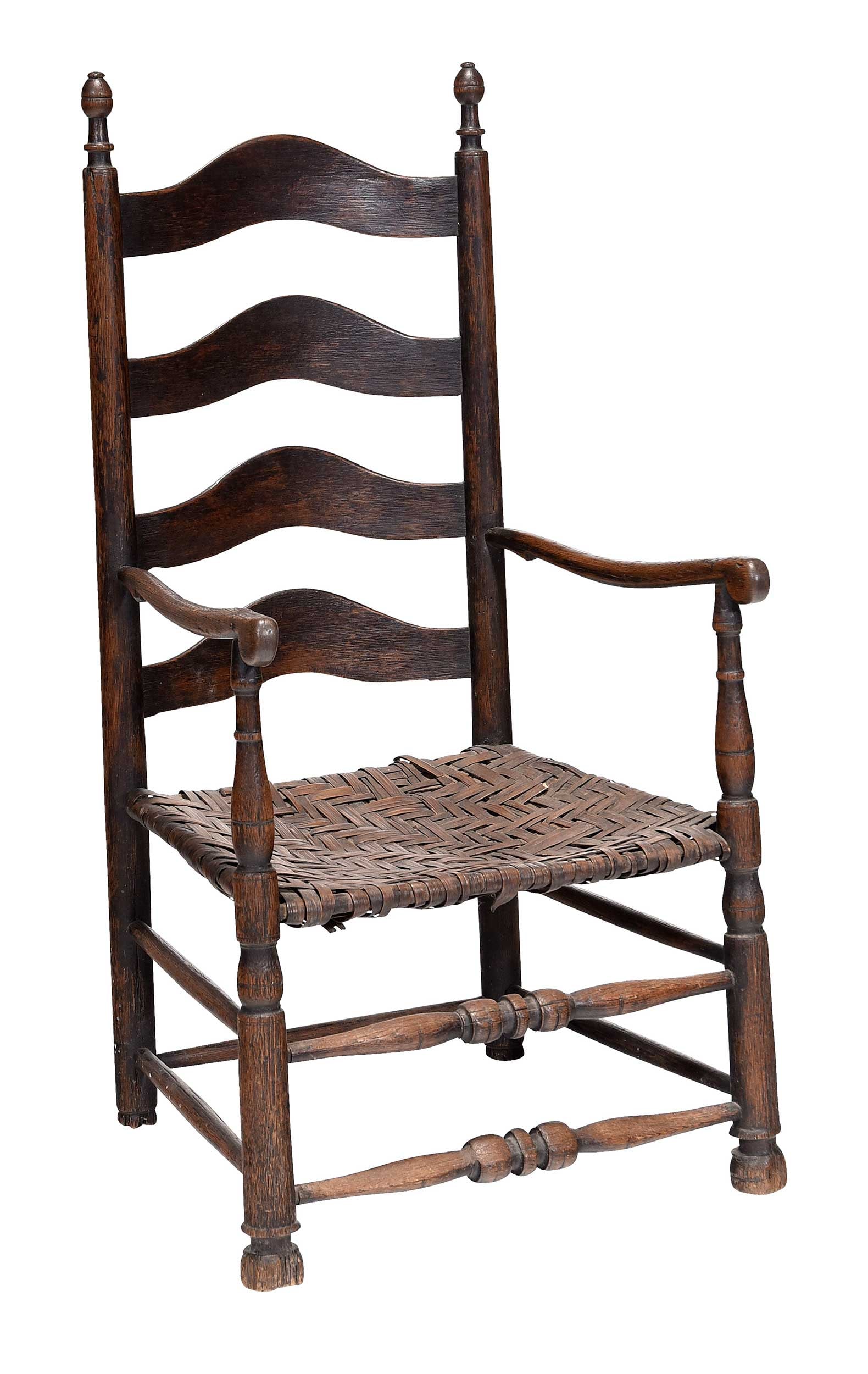 Rare Southern MESDA Documented Ladder Back Split Seat Armchair: North Carolina Piedmont, 18th century, hickory with dark stain, crown rail reverse with MESDA label, 43 x 22 x 22 in., seat height 15 in. Provenance: Estate of Joe and Betsy Byerly, Greensboro, North