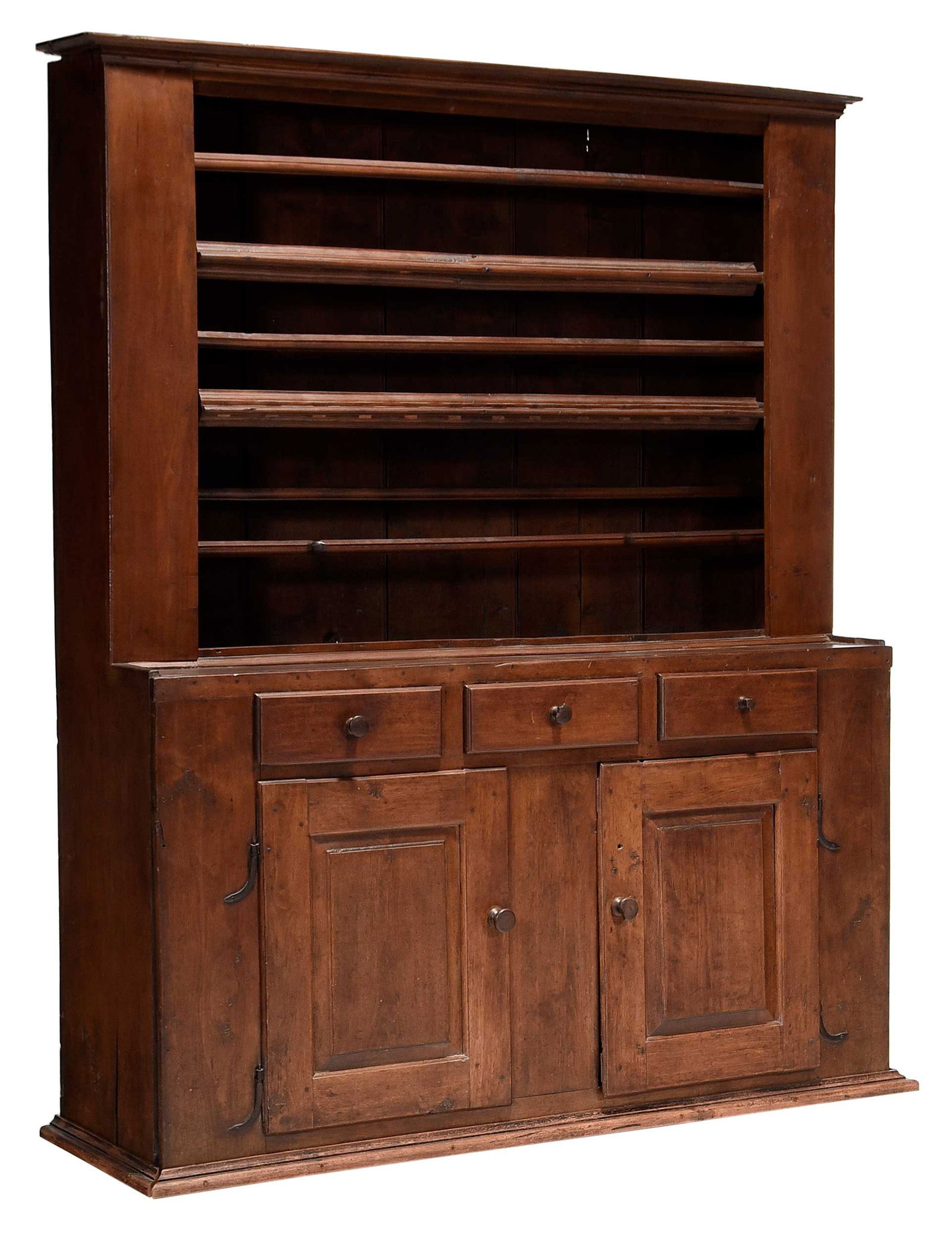 Monumental Southern Attributed Paneled Walnut Pewter Cupboard: possibly North Carolina, 18th century, walnut and yellow pine secondary, dovetailed drawers and paneled doors with original iron rat tail hinges, two spoon racks, 88 x 75 x 20 in. Provenance: Estate o