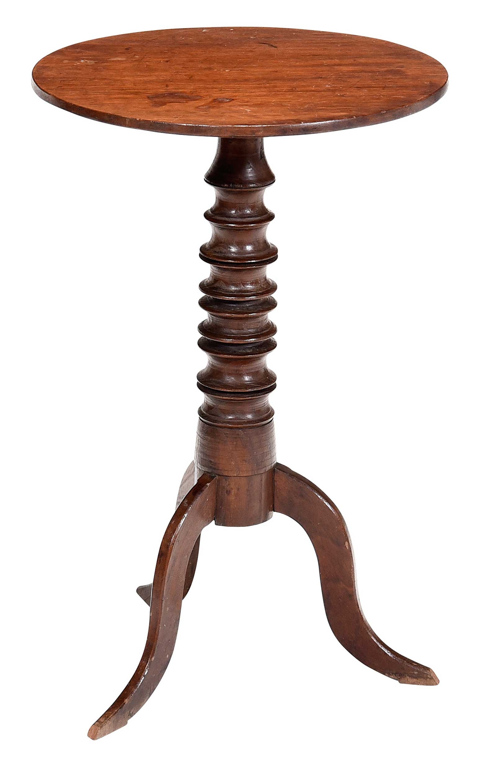 Southern Folk Art Spool Turned Walnut Candlestand: probably North Carolina,19th century, round top on spool turned tripod stand with cabriole legs, 27-1/4 x 17-1/4 x 17-1/4 in. Provenance: Estate of Joe and Betsy Byerly, Greensboro, North Carolina