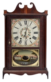 Eli Terry [Jr.] Mahogany and Eglomise Pillar and Scroll Shelf Clock