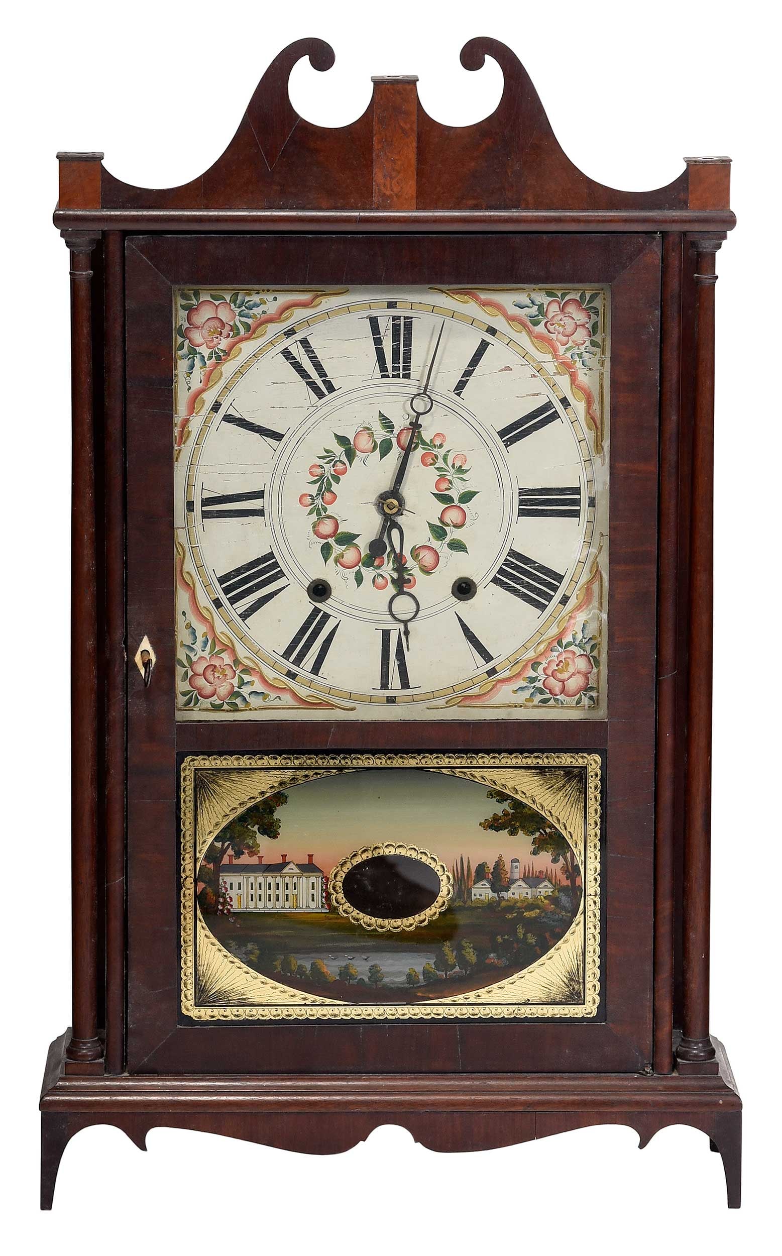 Eli Terry [Jr.] Mahogany and Eglomise Pillar and Scroll Shelf Clock
