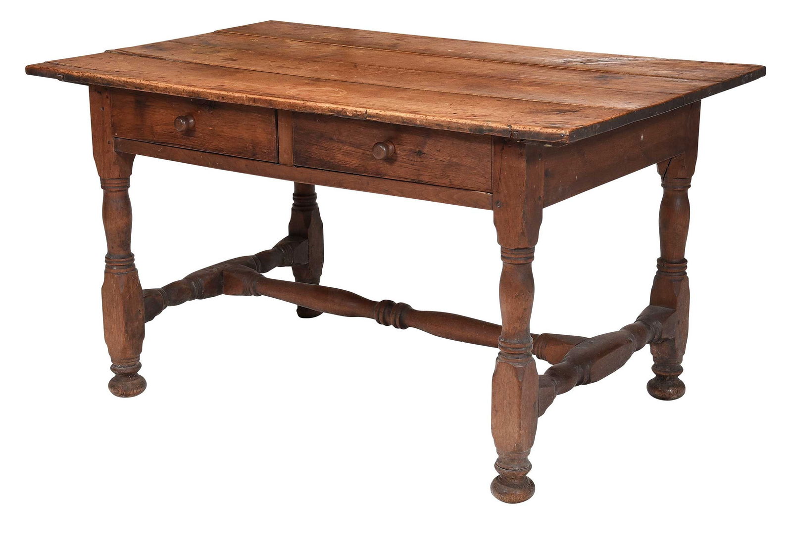 American William and Mary Walnut Tavern Table: possibly southern, first half 18th century, two drawers, turned legs and H stretcher, bun feet, 30-1/2 x 53 x 33 in. Provenance: Estate of Joe and Betsy Byerly, Greensboro, North Carolina