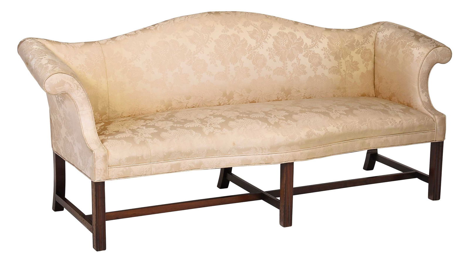 Chippendale Mahogany Damask Upholstered Camelback Sofa: 18th century, likely American, pine seat rails, serpentine front rail, pale gold floral motif silk damask upholstery, molded mahogany legs with stretchers, 34-1/2 x 80-1/4 x 29 in., seat height 18 in.